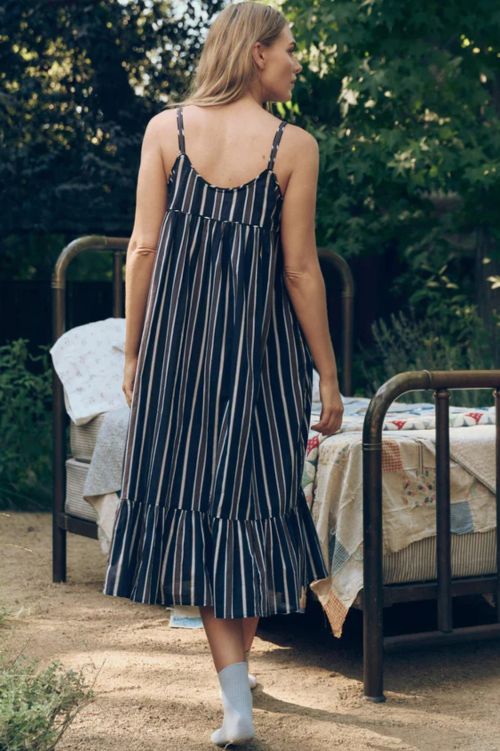 Model wearing The Great The Ruffle Tank Night Dress rear view