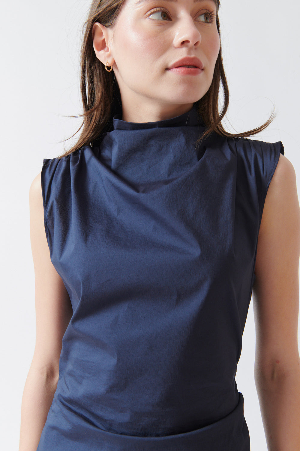 Angela wearing TWP Gathered Thoughts Dress front/detail view