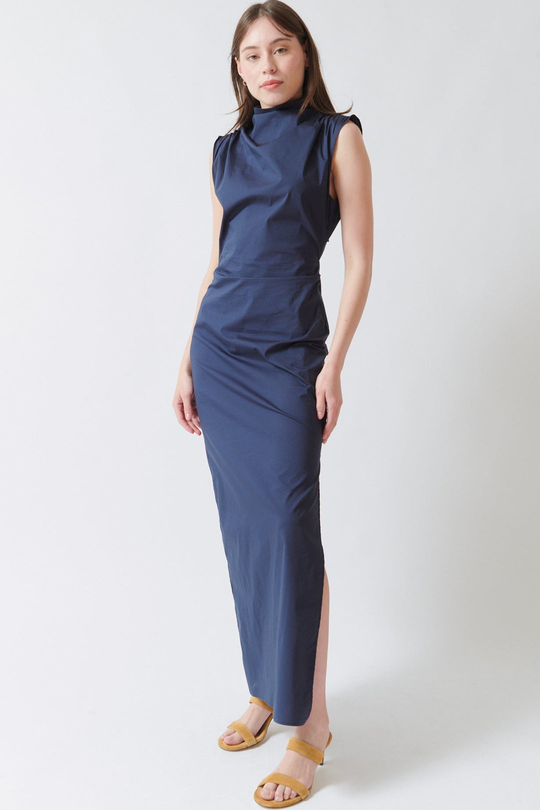Angela wearing TWP Gathered Thoughts Dress front view