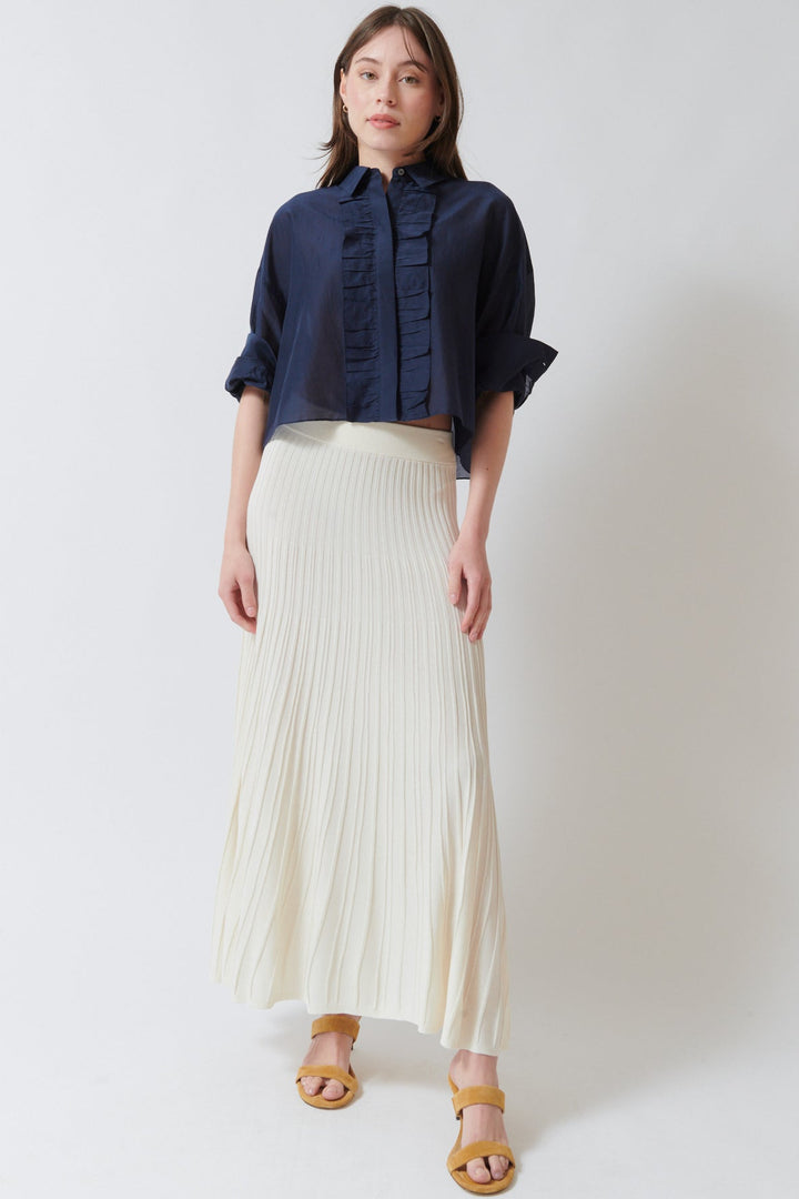 Angela wearing TWP Midi Skirt Ivory front view