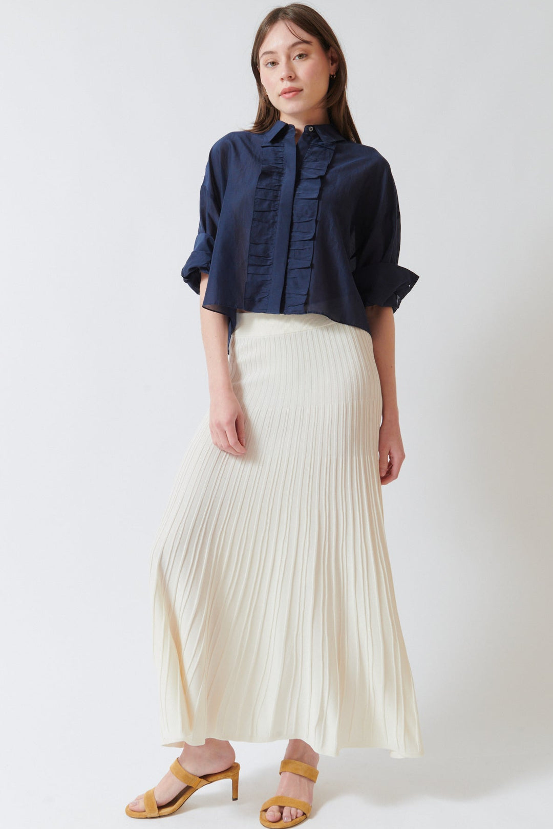 Angela wearing TWP Midi Skirt Ivory front view