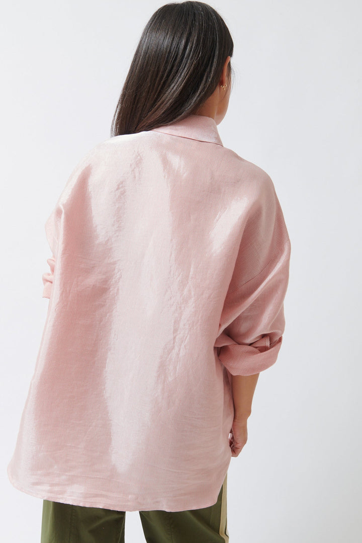 Amanda wearing TWP Something Borrowed Blouse White Red rear view