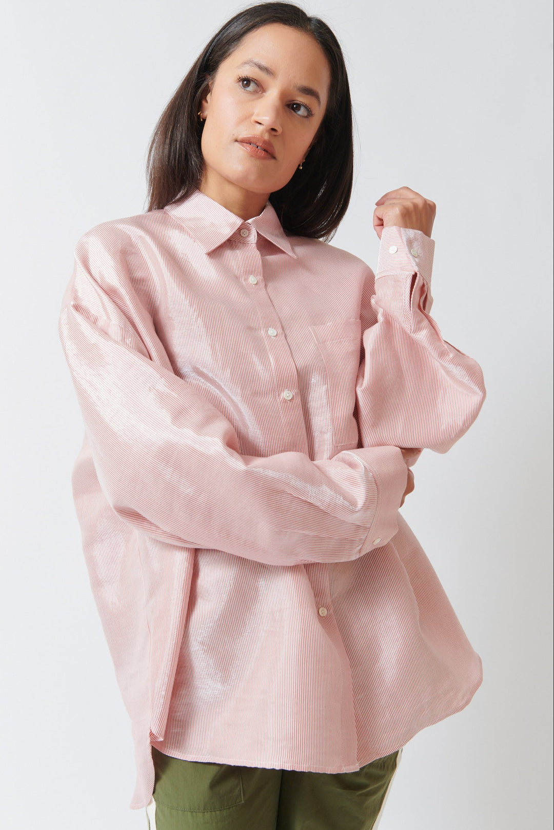Amanda wearing TWP Something Borrowed Blouse White Red front view