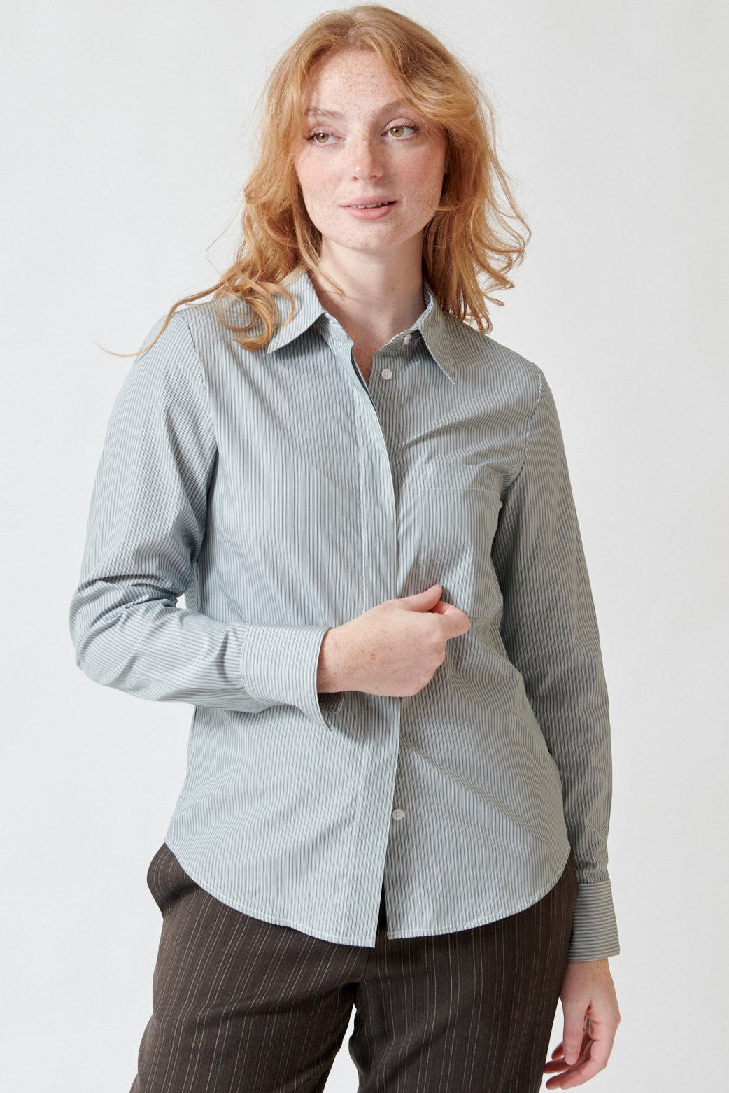 Waverly wearing TWP Cowboy Update Shirt front view
