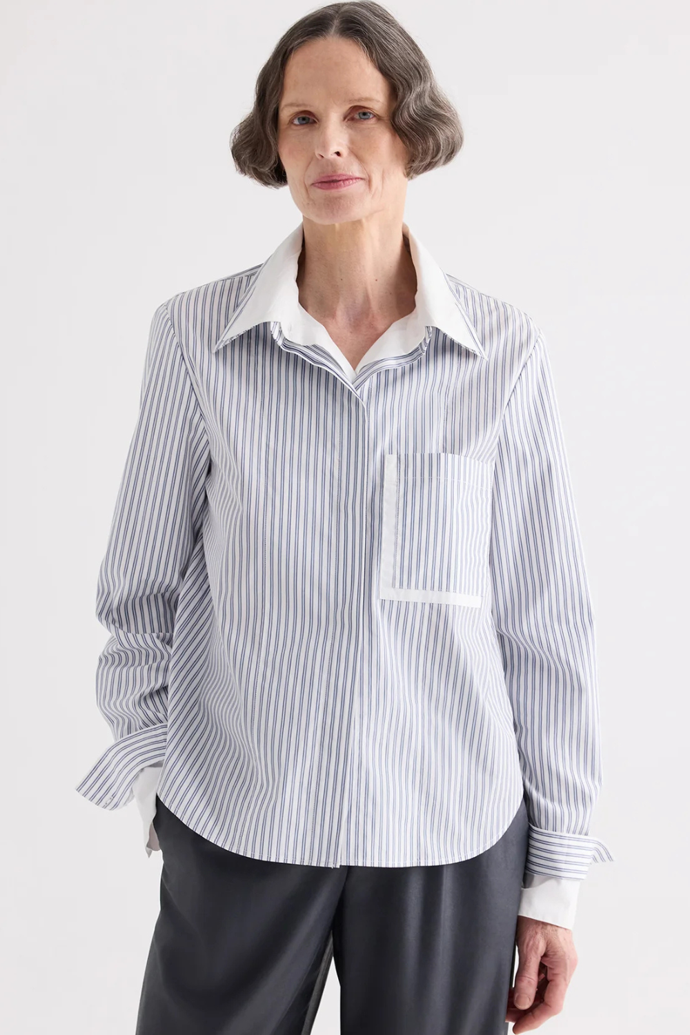 Model wearing TWP Double Layer Boyfriend Shirt White Navy front view