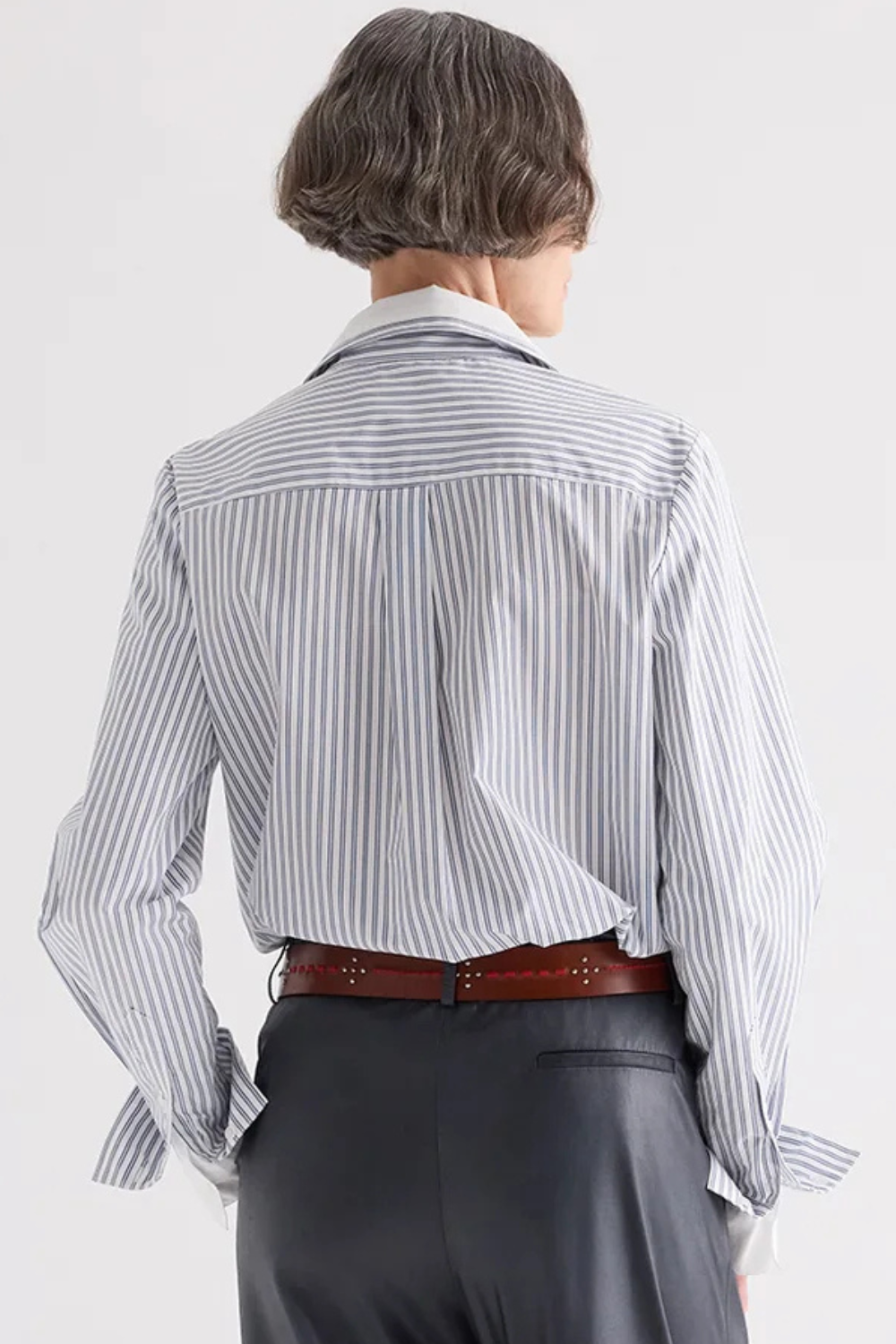 Model wearing TWP Double Layer Boyfriend Shirt White Navy rear view