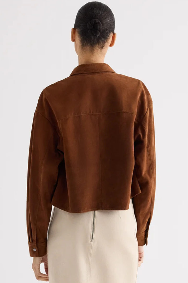 Model wearing TWP Lambskin Little Big Joe Shirt Cigar rear view