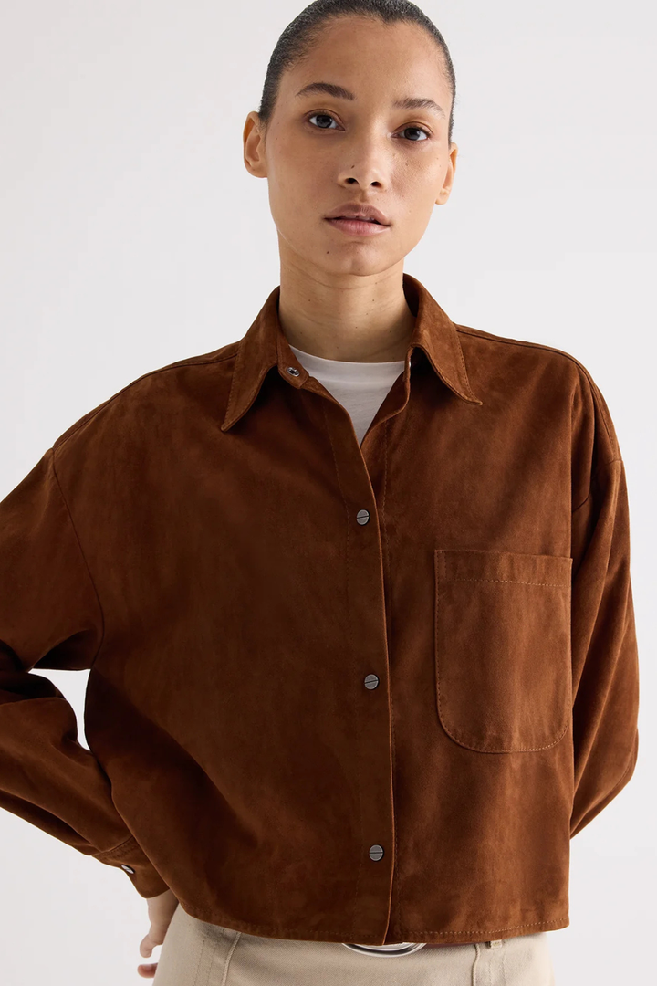Model wearing TWP Lambskin Little Big Joe Shirt Cigar front view