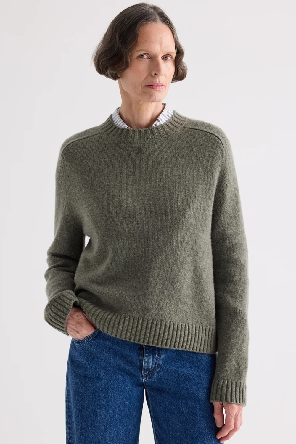 Model wearing TWP New Jill Crewneck Sweater Moss front view