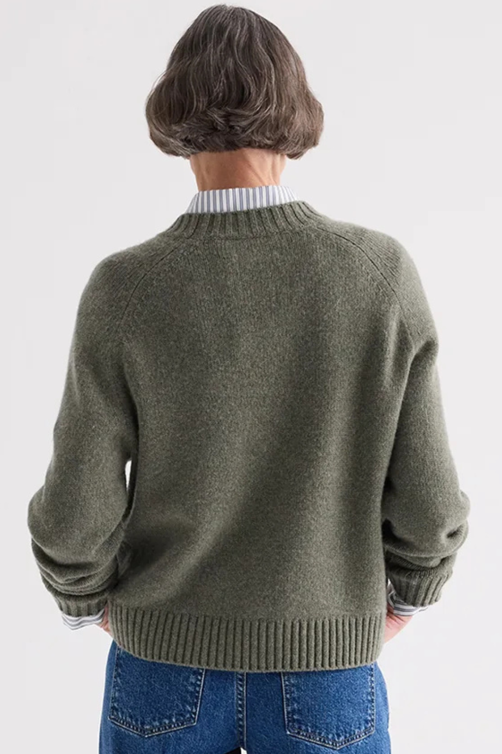 Model wearing TWP New Jill Crewneck Sweater Moss rear view