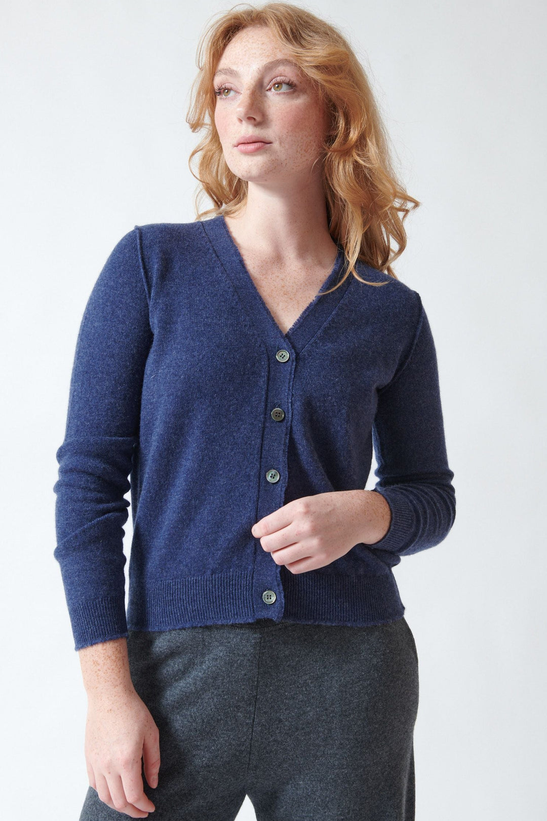 Model wearing Jumper 1234 Cashmere Distressed Vee Cardigan front view