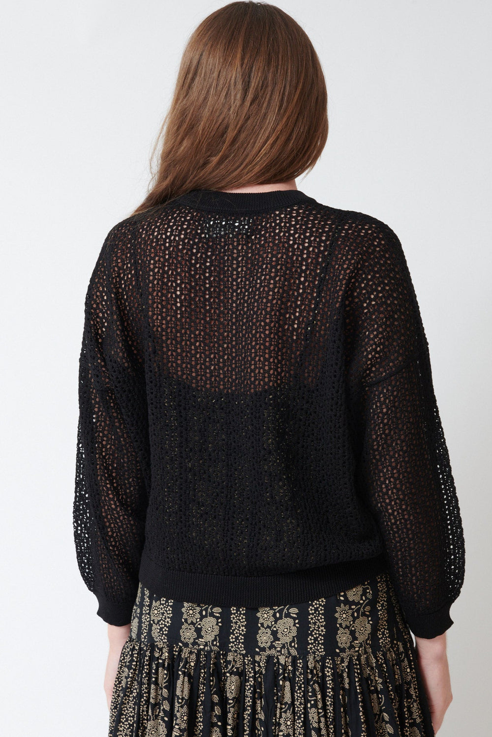 Julia wearing The Great The Crochet Pullover rear view