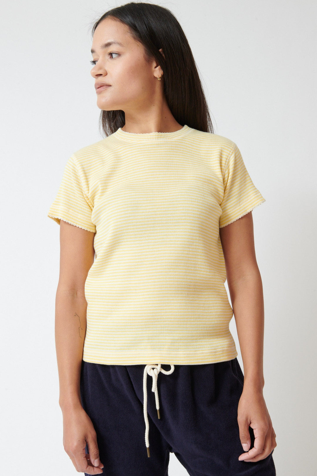 Amanda wearing The Great The Little Tee Soft Yellow Stripe front view