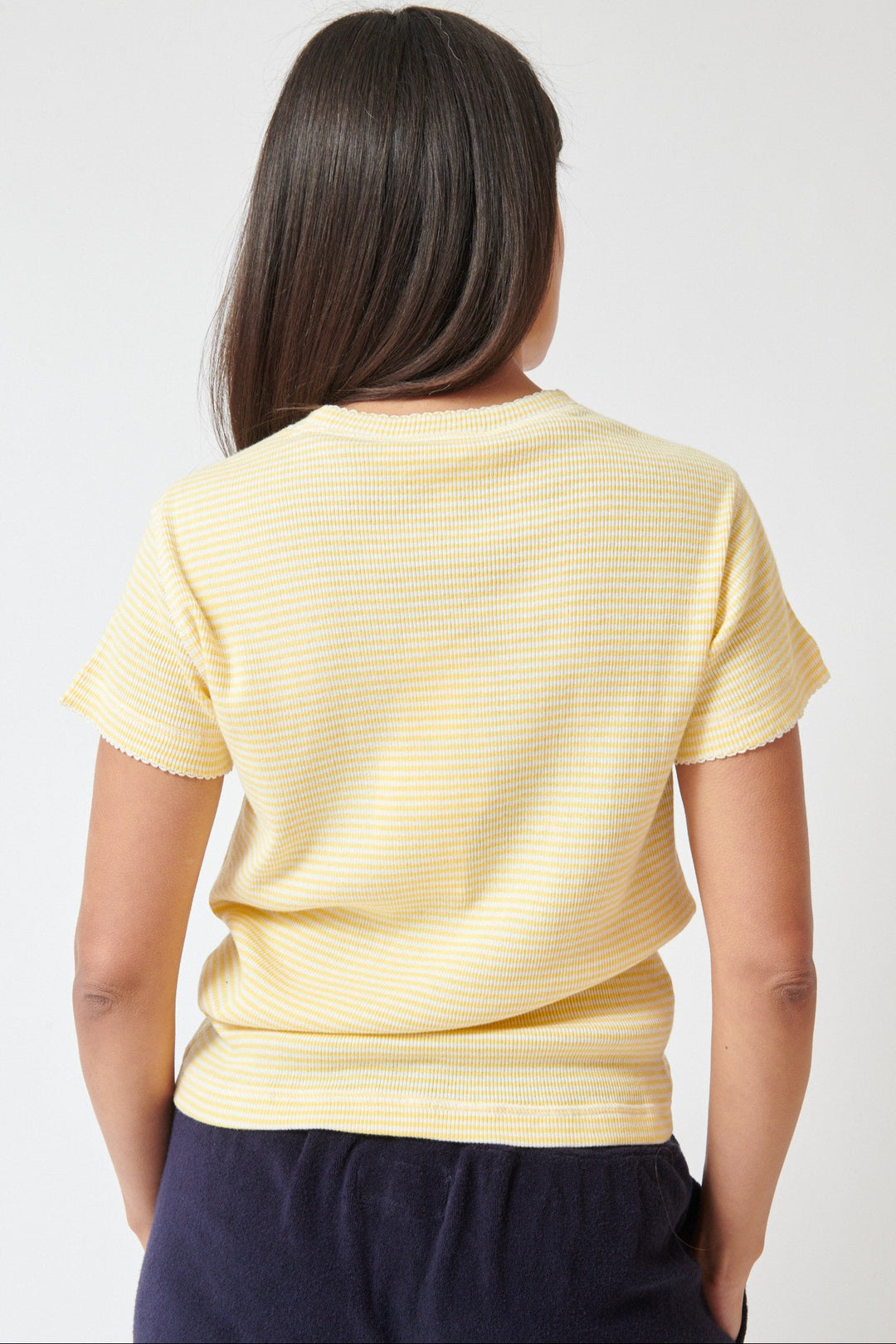 Amanda wearing The Great The Little Tee Soft Yellow Stripe rear view