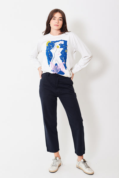 Front view of model wearing navy blue ankle length pant
