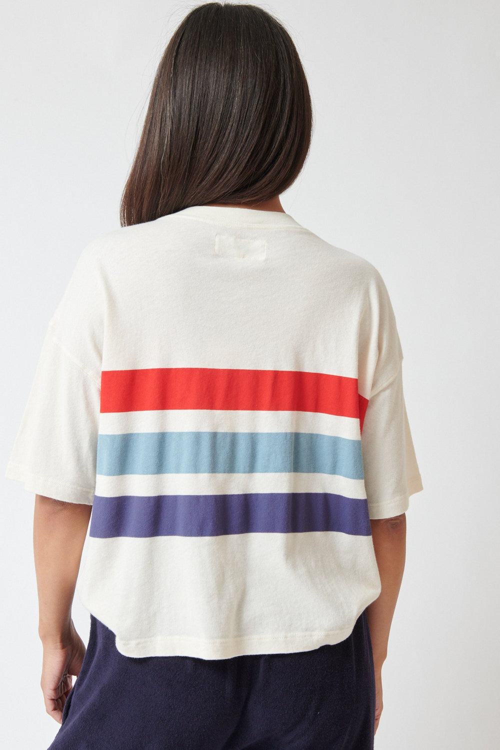 Amanda wearing The Great The Track Crew With Saltwater Stripe rear view