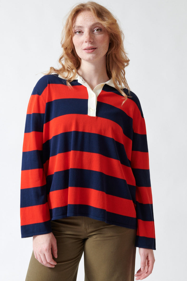 Waverly wearing The Great The Academy Polo Sweater front view