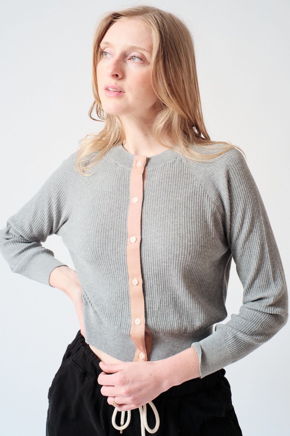 Madi wearing The Great The Dainty Cardigan front view