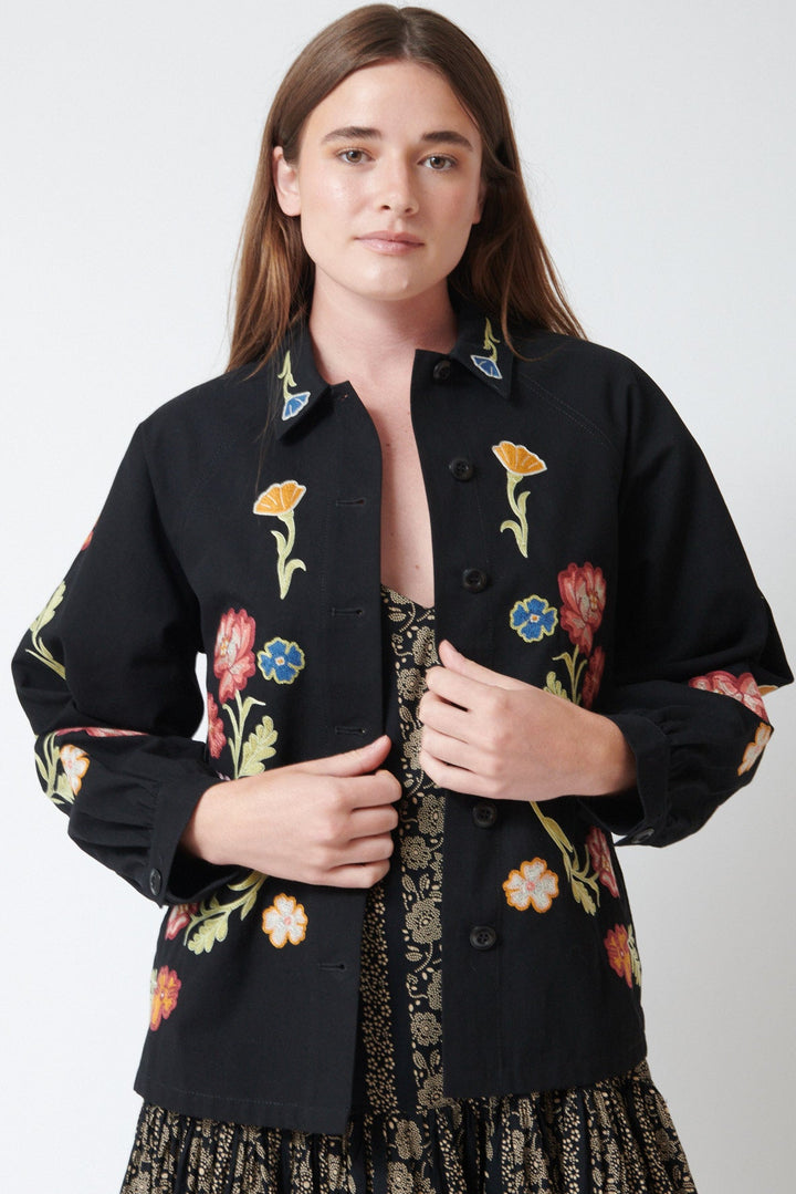 Julia wearing The Great The Embroidered Commodore Jacket front view