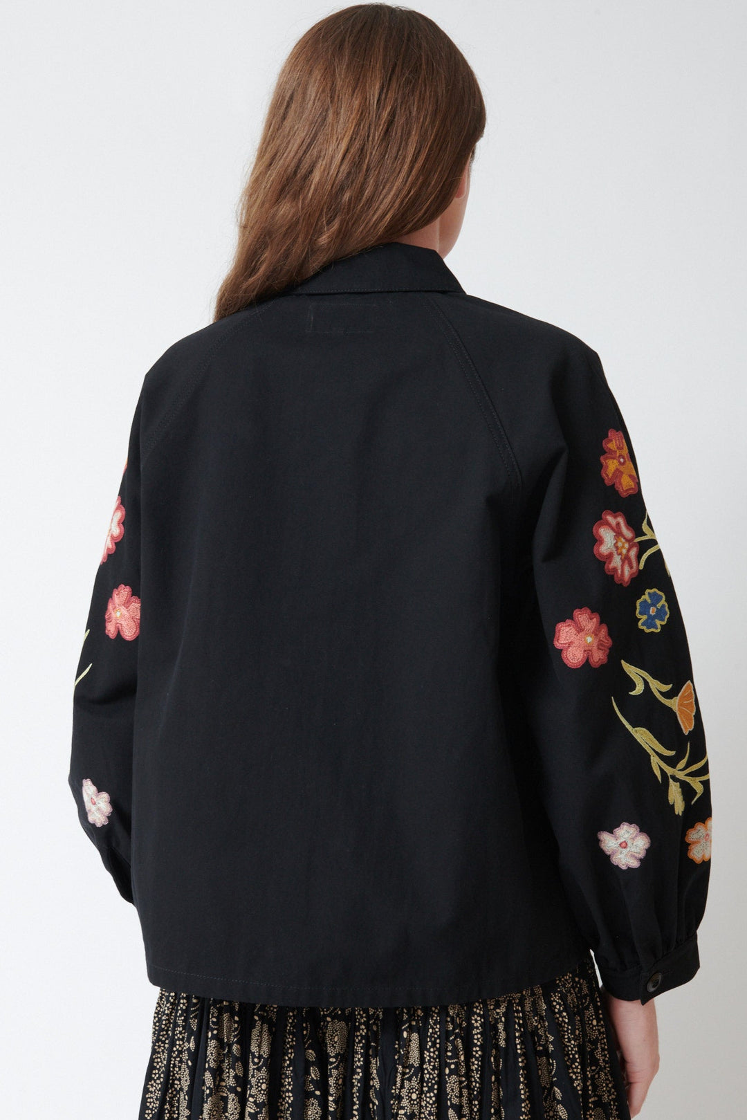 Julia wearing The Great The Embroidered Commodore Jacket rear view