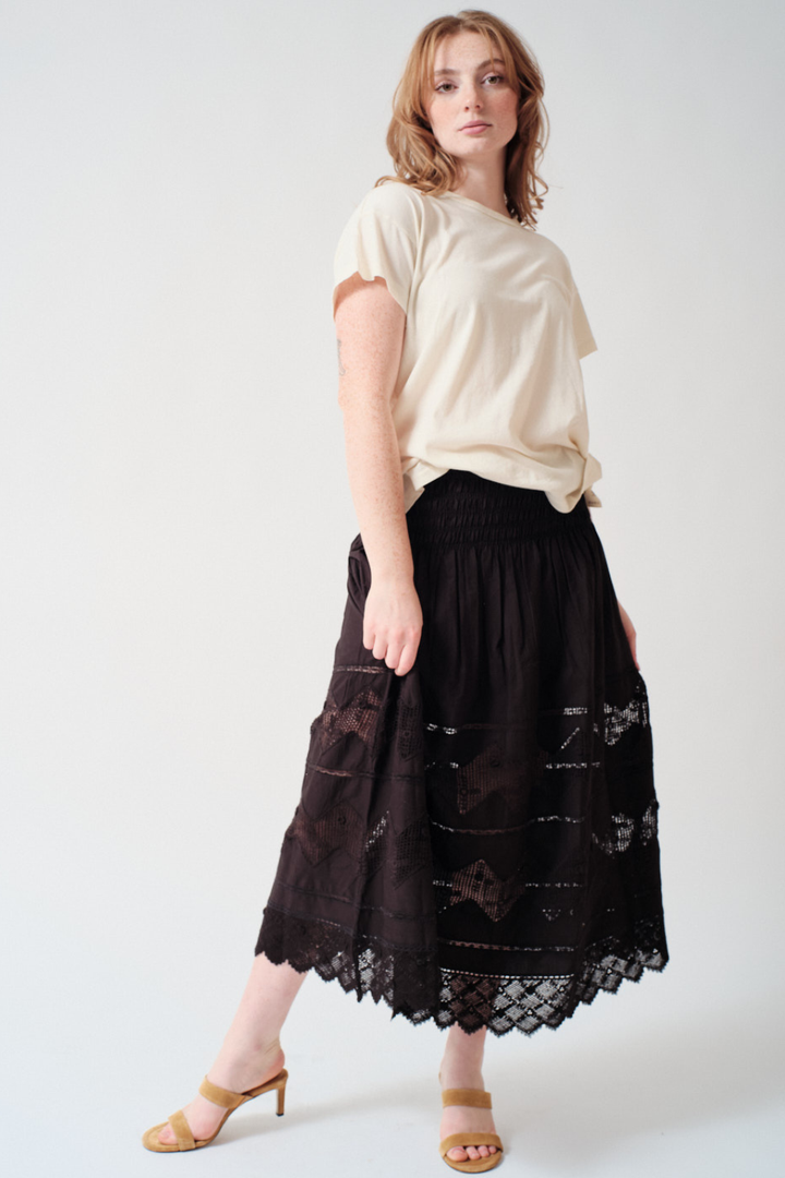 Waverly wearing The Great The Rosette Crochet Canary Skirt front view