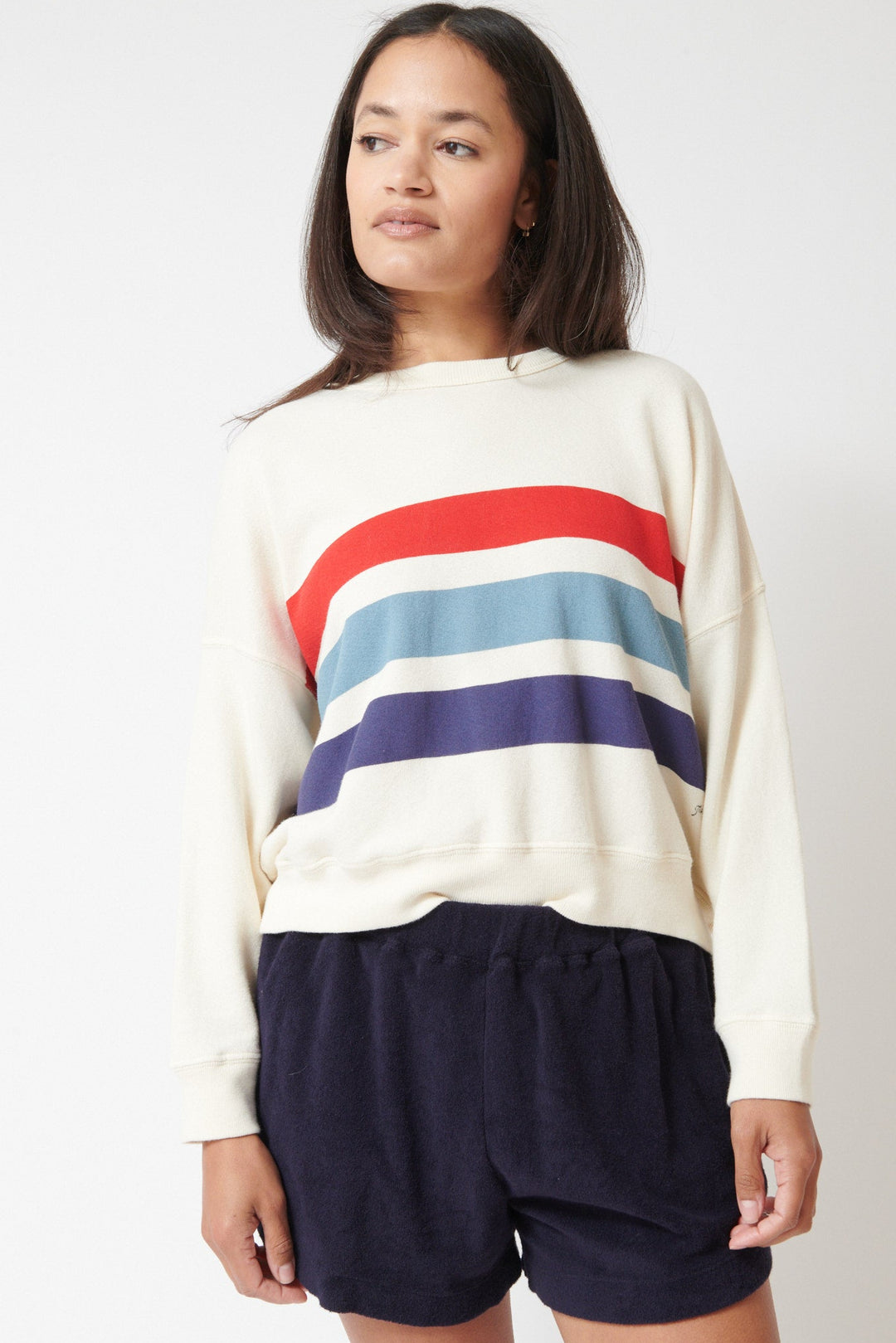 Amanda wearing The Great The Teammate Sweatshirt With Saltwater Stripe front view