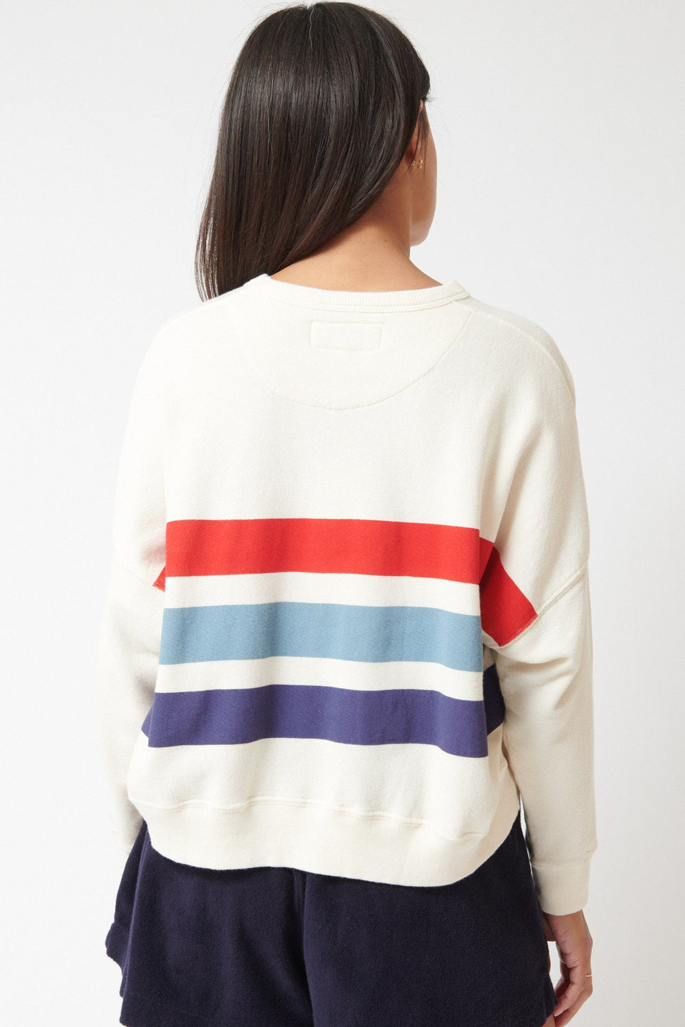 Amanda wearing The Great The Teammate Sweatshirt With Saltwater Stripe rear view