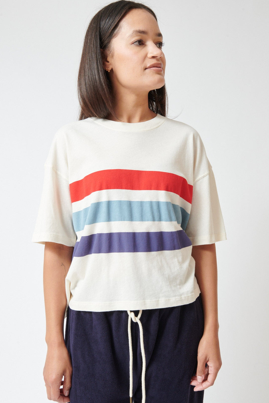 Amanda wearing The Great The Track Crew With Saltwater Stripe front view