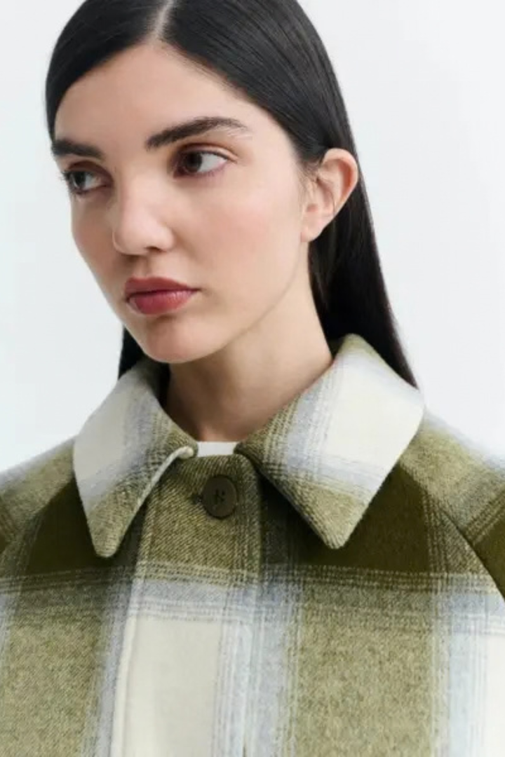 Model wearing Thinking MU Daria Jacket front /detail view
