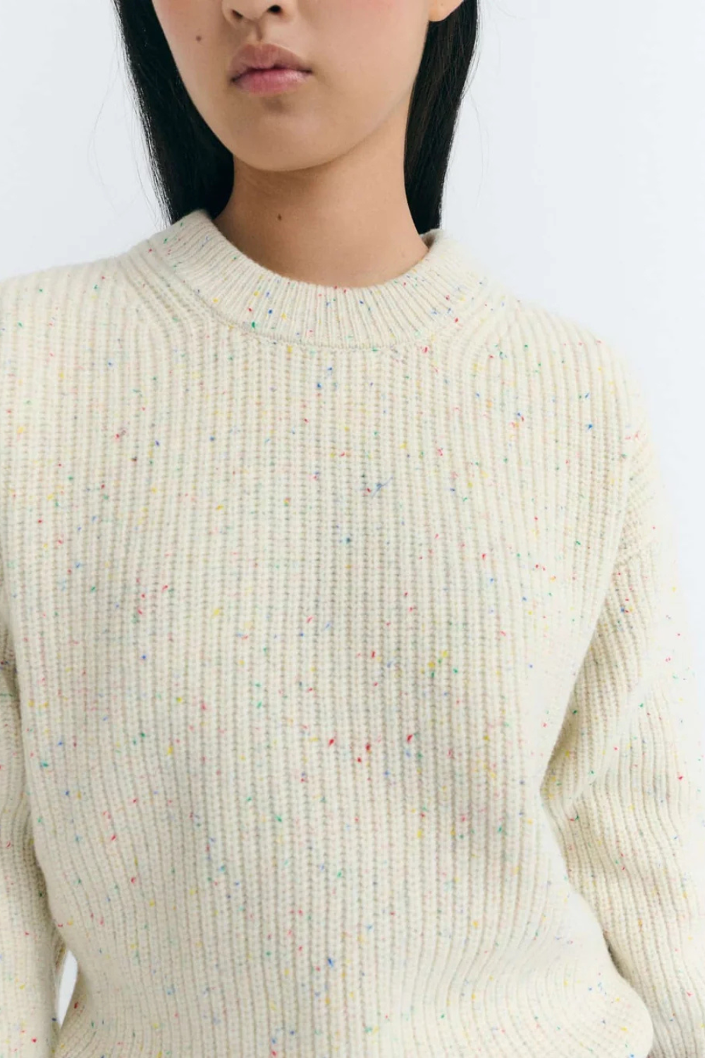 Model wearing Thinking MU Ecru Carmen Knitted Sweater front/detail view