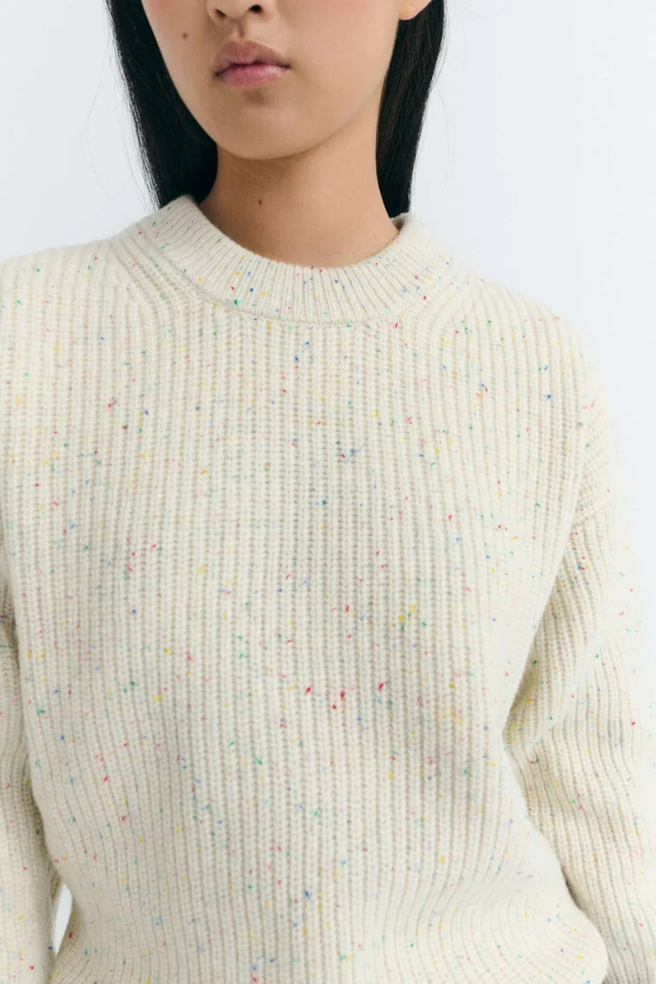 Model wearing Thinking MU Ecru Carmen Knitted Sweater front/detail view