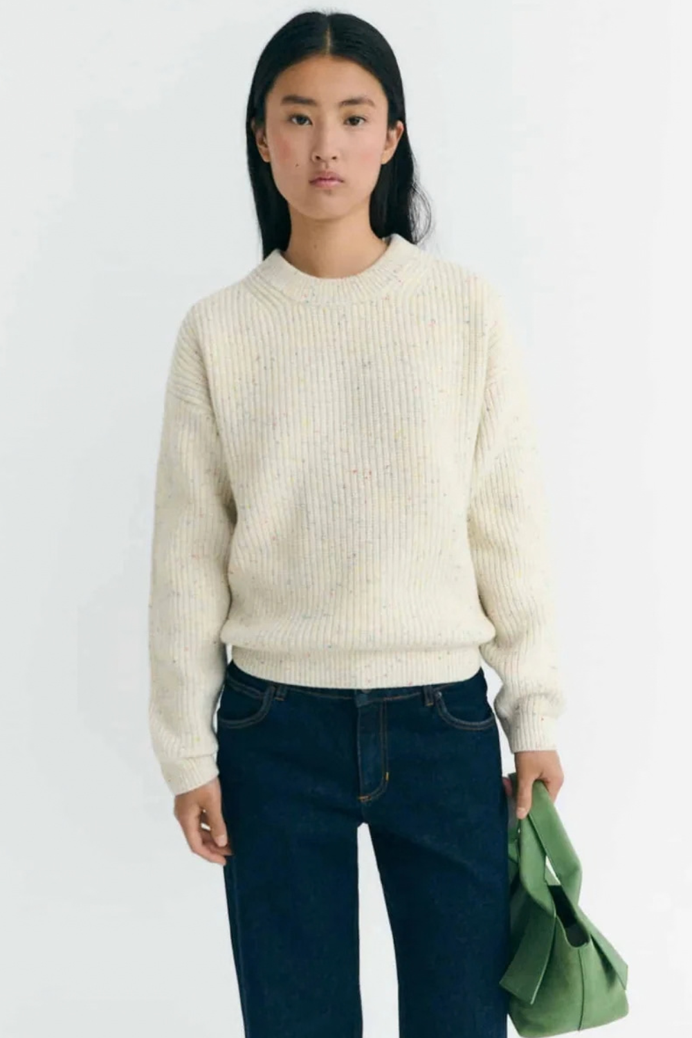 Model wearing Thinking MU Ecru Carmen Knitted Sweater front view