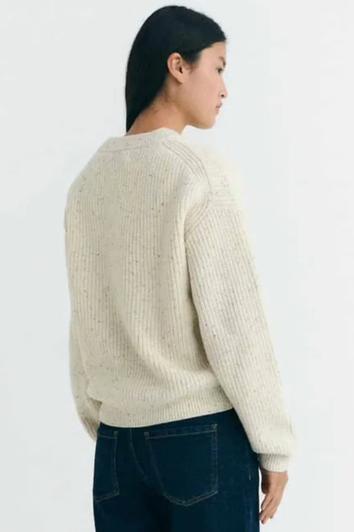 Model wearing Thinking MU Ecru Carmen Knitted Sweater rear view