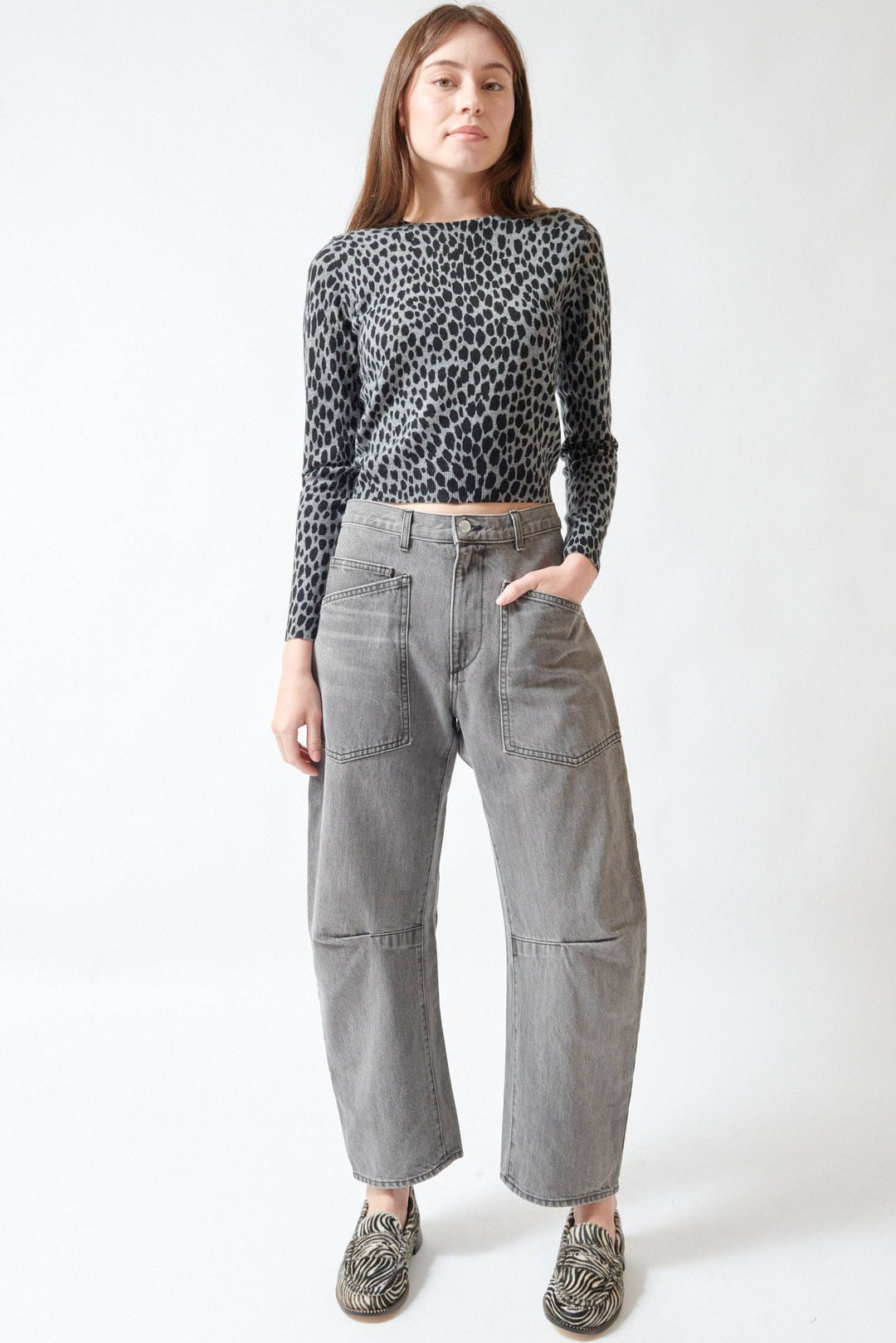 Angela wearing Nili Lotan Shon Jean front view