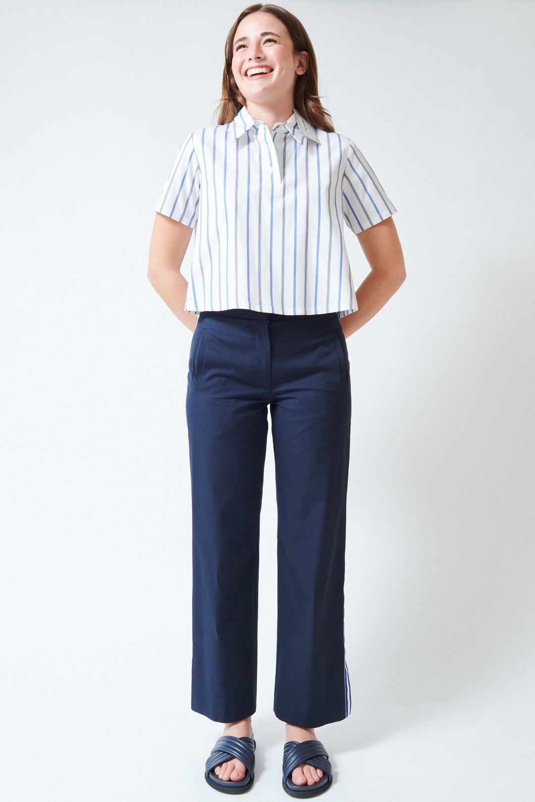 Julia wearing WE-AR4 The Street Pant Navy front view