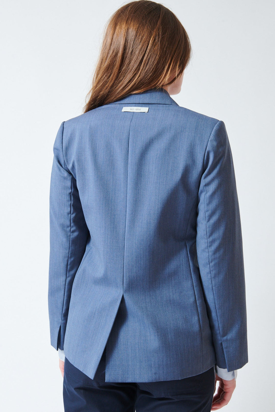 Julia wearing WE-AR4 The Venue Blazer Smoke Blue rear view
