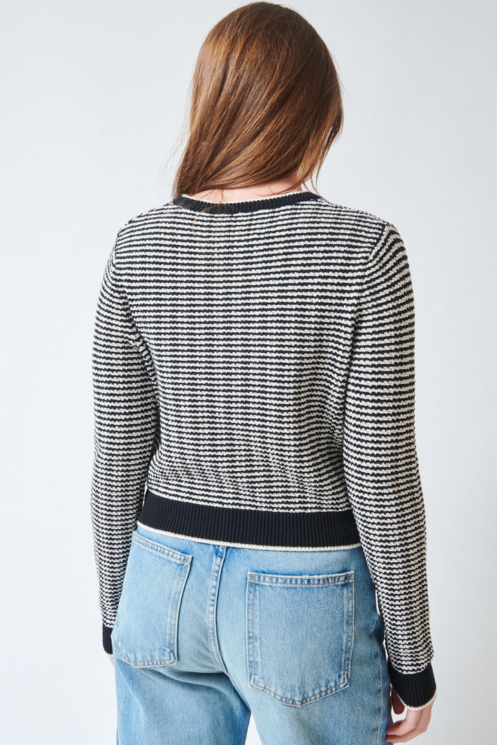 Julia wearing White + Warren Boucle Cardigan Midnight Ivory Stripe rear view