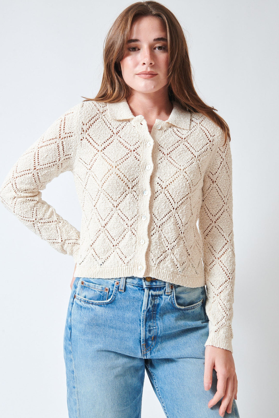 Julia wearing White + Warren Cotton Pointelle Shirt Ivory front view