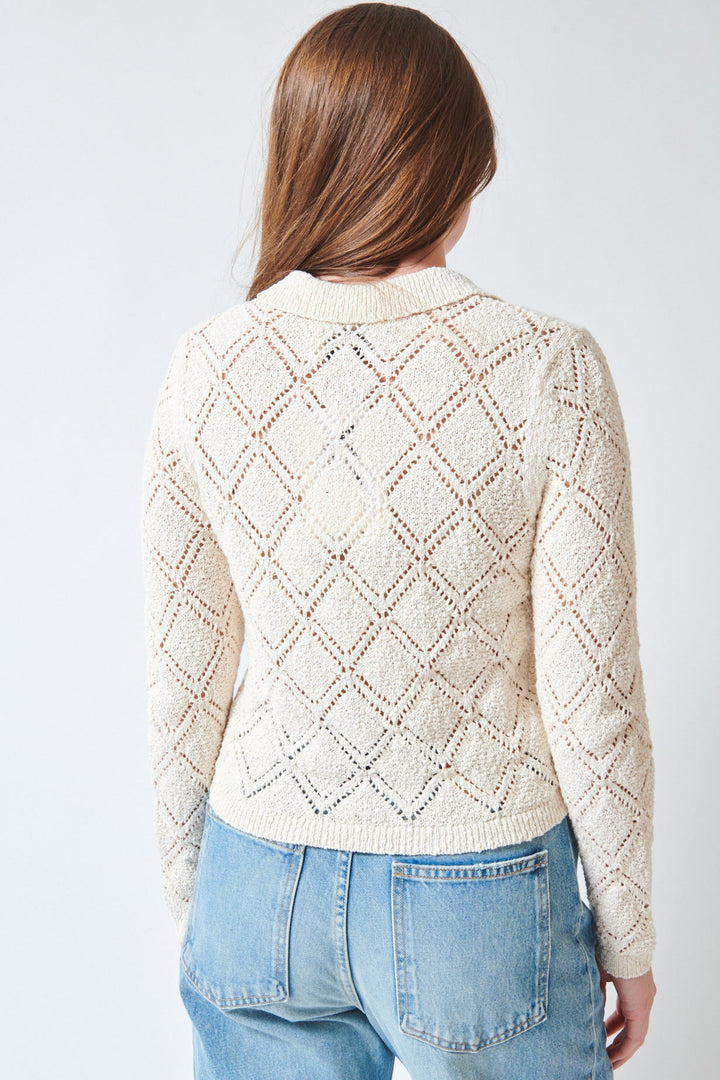 Julia wearing White + Warren Cotton Pointelle Shirt Ivory rear view
