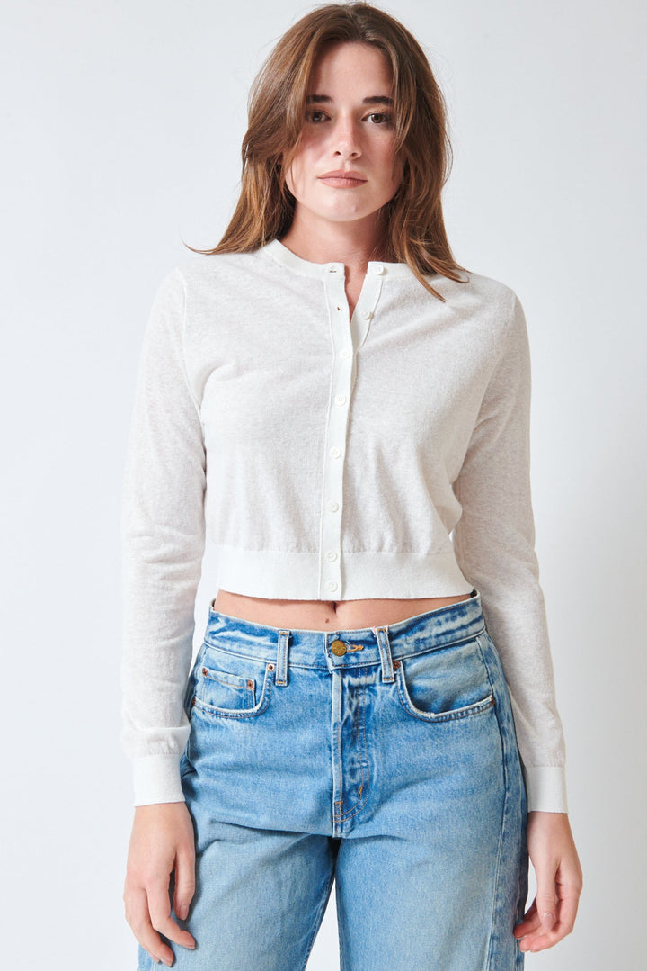 Julia wearing White + Warren Linen Blend Cardigan White front view