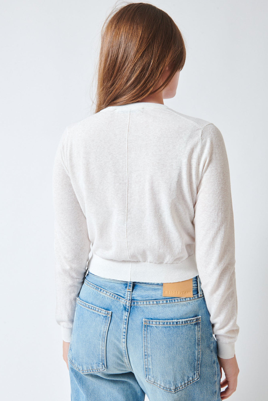Julia wearing White + Warren Linen Blend Cardigan White rear view