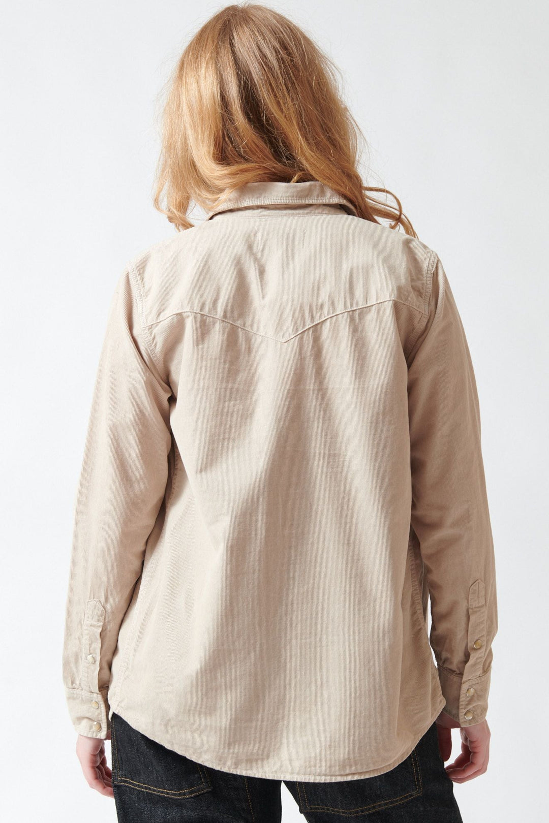 Waverly wearing Nili Lotan Travis Corduroy Shirt Travertine rear view