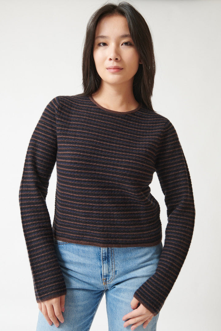 Model wearing White + Warren Cashmere Striped Sweater Coffee Bean Stripe front view