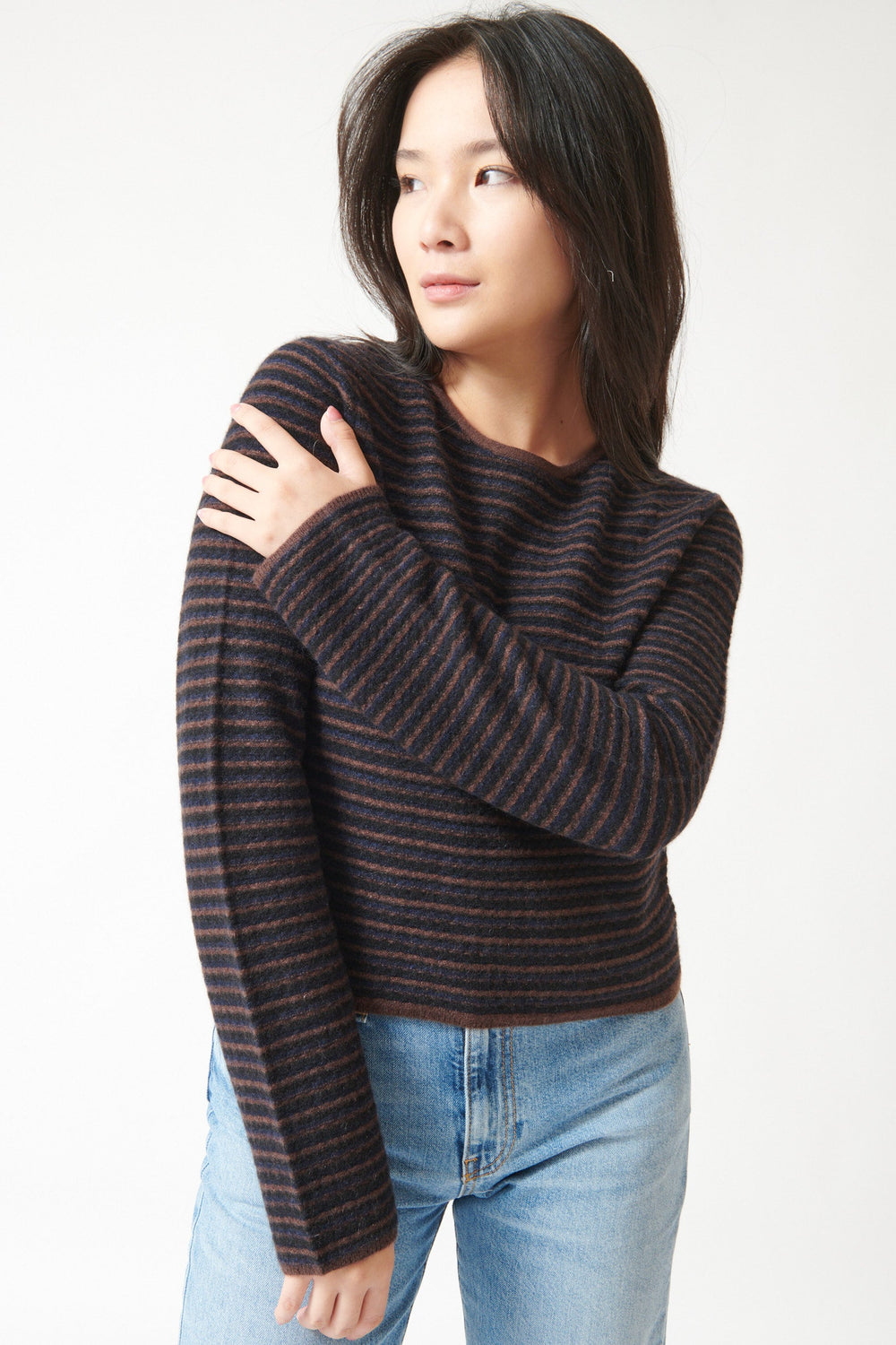 Model wearing White + Warren Cashmere Striped Sweater Coffee Bean Stripe front view