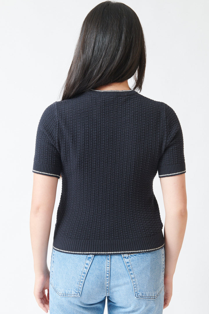 Lilly wearing White + Warren Cotton Boucle Tee Midnight Ivory Tipping rear view