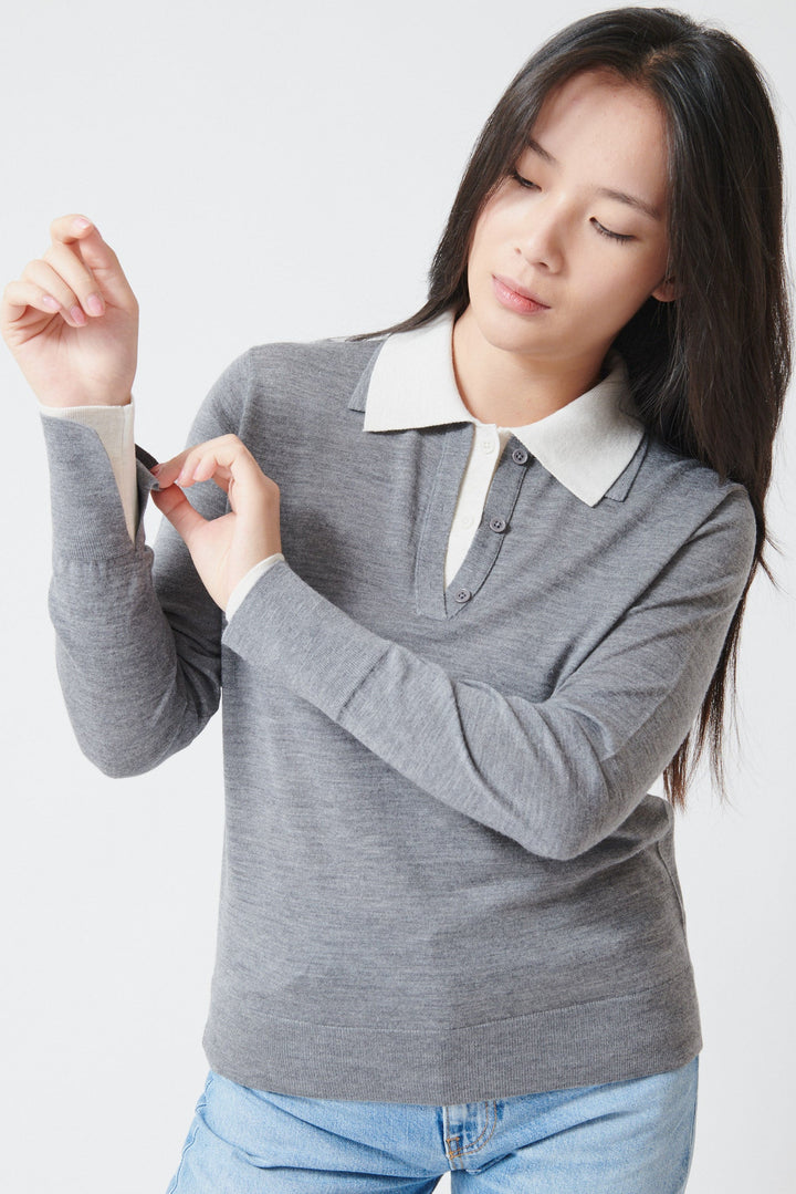 Lilly wearing White + Warren Superfine Merino Layered Polo Pewter Heather White Trim front view