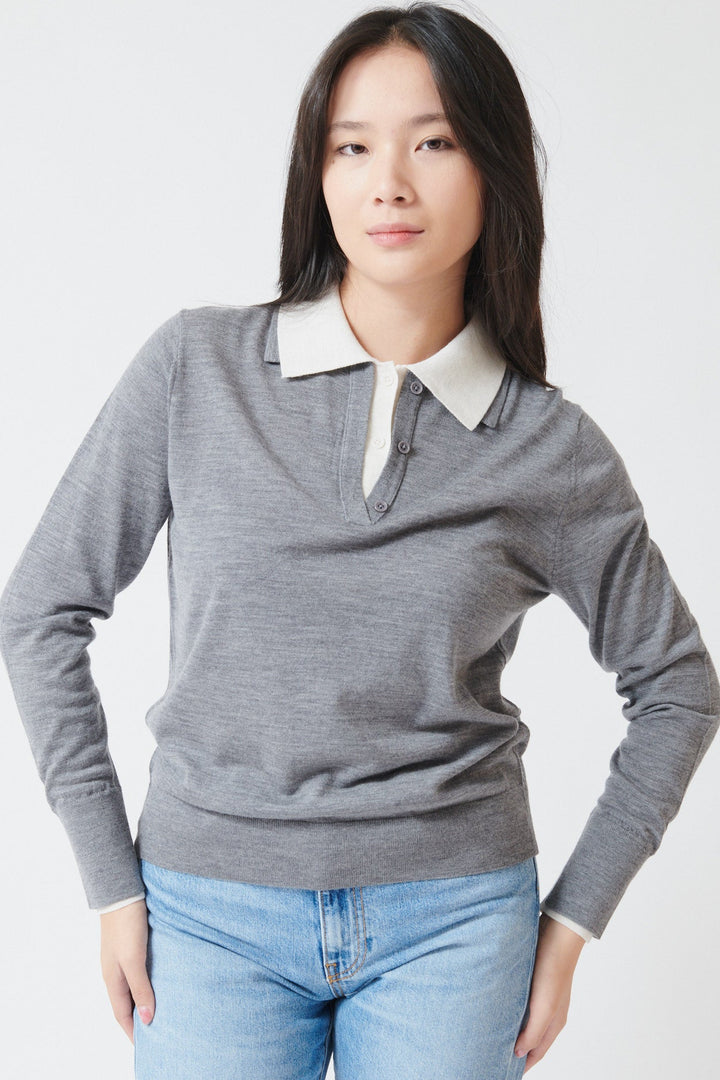 Lilly wearing White + Warren Superfine Merino Layered Polo Pewter Heather White Trim front view