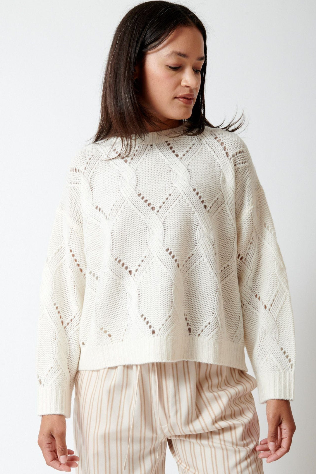 Amanda wearing Sablyn Gia Slouchy Crewneck Sweater front view