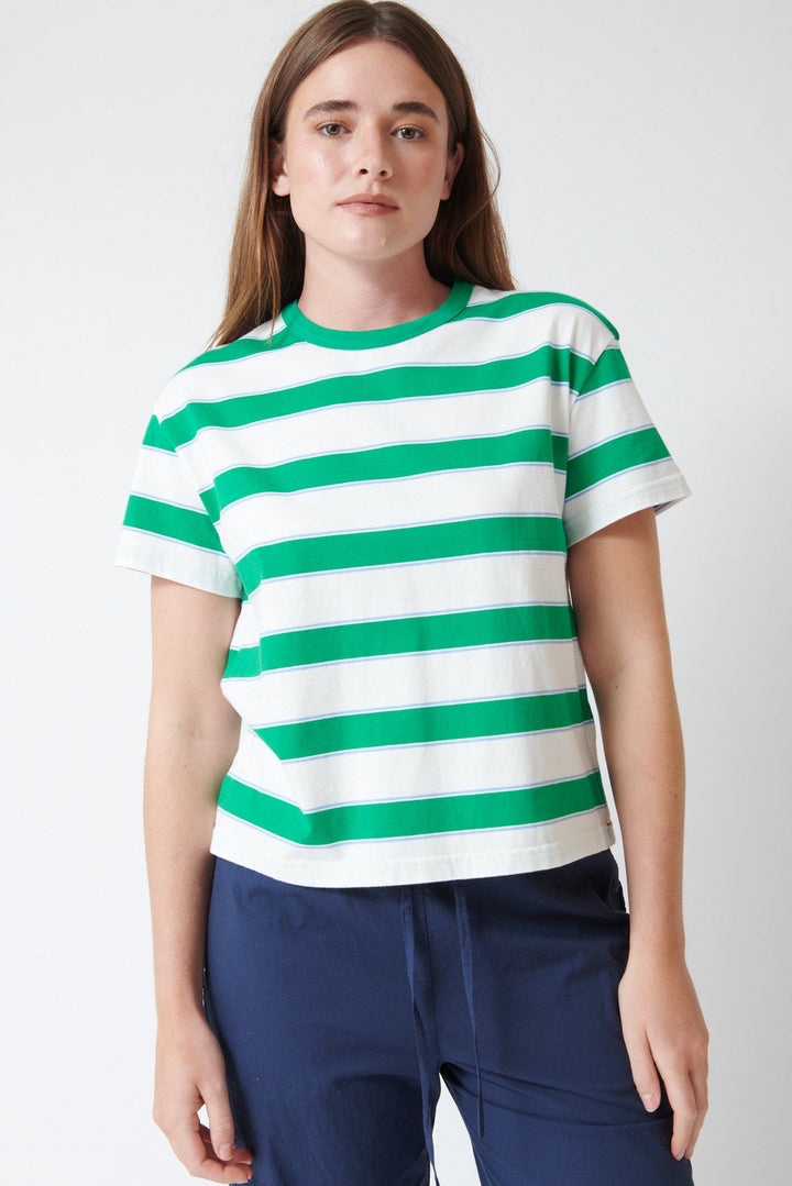 Julia wearing Xirena Carter Tee Saltwater Stripe front view