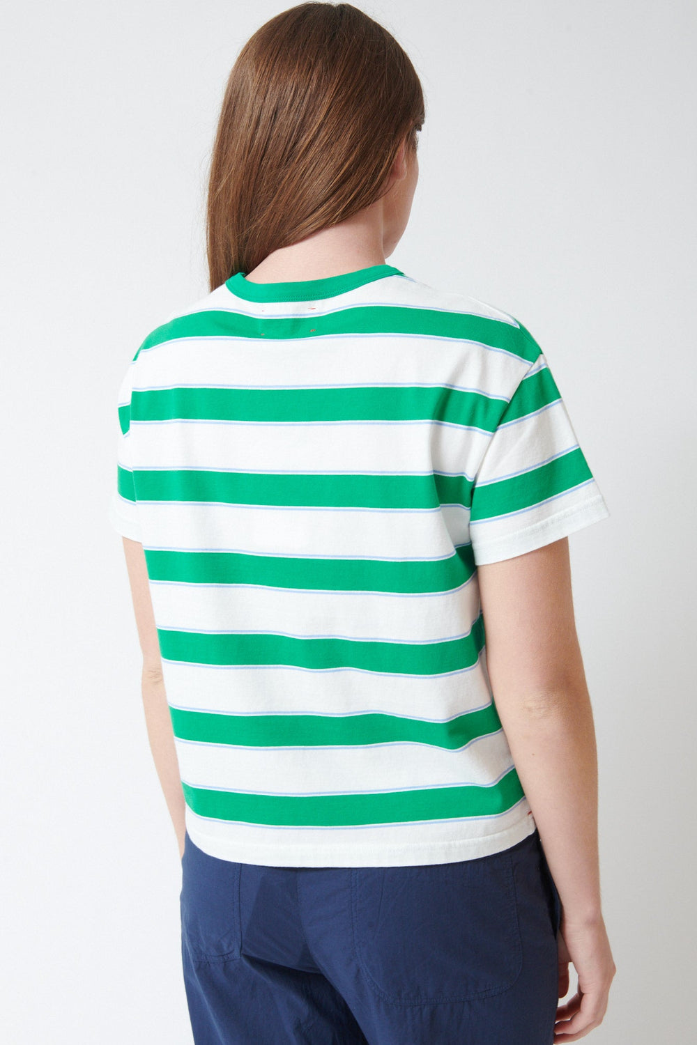Julia wearing Xirena Carter Tee Saltwater Stripe rear view